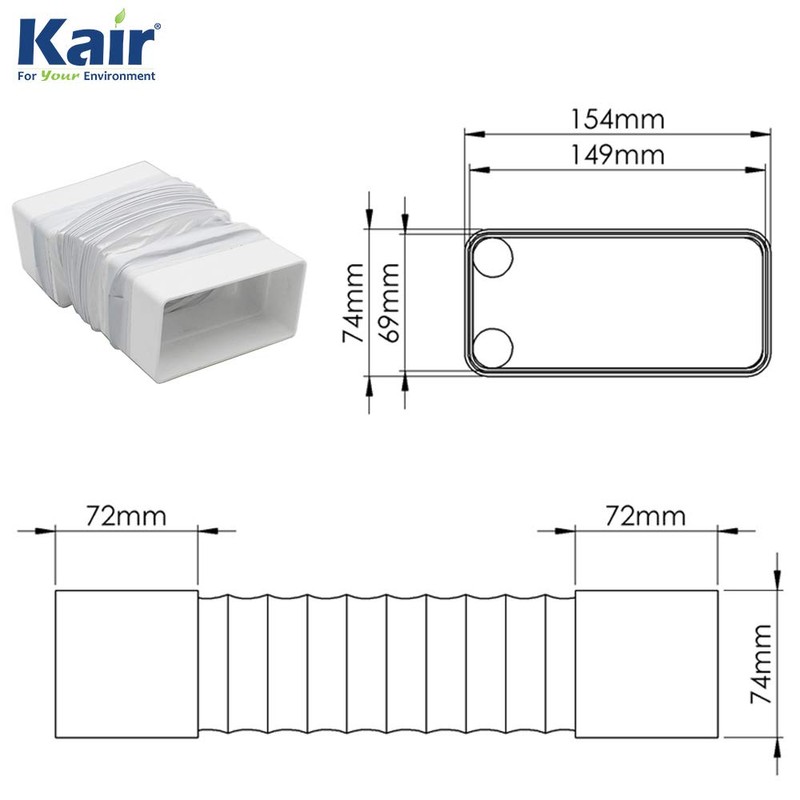 Kair Rectangular Flexible Bend 150mm x 70mm - 500mm Length