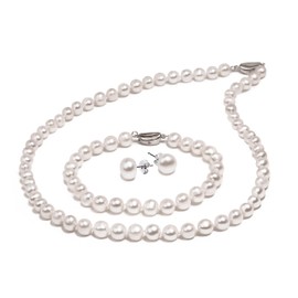 BURLAP LIFE AAA Freshwater Cultured Potato Pearl Jewelry Set for Women White Real Pearl Necklace Stud Earring Bracelet 925 Sterling Silver Birthday Valentine's Day, 18inch 6.5mm-7.5mm
