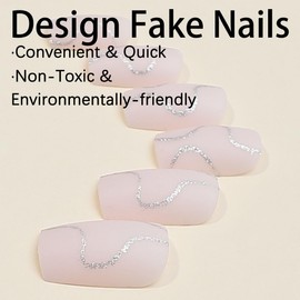 French Press on Nails Medium Square Fake Nails Line Glitter Design Wearable Nails Press on Natural Simple Acrylic False Nails Full Cover Stick on Nails Glossy Glue on Nails for Women and Girls 24Pcs