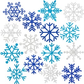 60 Snowflakes Glitter Blue Silver Snowflakes Board Cutouts with Glue Point Dots for Christmas Winter Theme Party Decoration