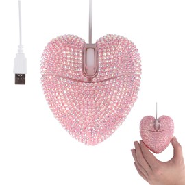 Wired Mouse Cute Bling Crystal Rhinestone Pink Heart Shape Computer Mice with 4.59ft Cord 3 Buttons 2.4GHz Optical Portable Kawaii USB Corded Mouse for Laptop PC Desktop Notebook Kids Adults Gift