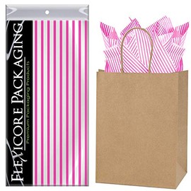 Flexicore Packaging Natural Brown Kraft Paper Gift Bags & Hot Pink Gift Wrap Tissue Paper | Size: 8 Inch X 4.75 Inch X 10.5 Inch | Count: 50 Bags | Color: Hot Pink Pin Stripe