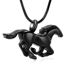 Minicremation Running Horse Shape Urn Pendant Cremation Ashes Jewelry Urn Necklace for Ashes Stainless Steel Funeral Keepsake Necklace(Black)