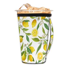 Reusable Iced Coffee Sleeve Tropical Plant Lemon With Handle Neoprene Ice Insulator Coffee Cup Sleeves Cold or Hot Drink Holder Compatible Large 30-32 OZ OZ for Coffee Cups Beverages Gift