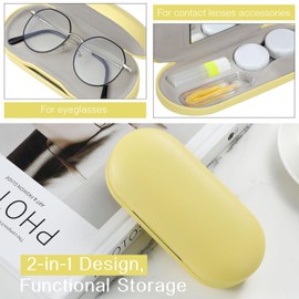 MoKo Double Eyeglass Case, Contact Lens Case with Mirror Tweezers Remover, 2 in 1 Double Sided Portable Contact Lens Box Holder Container Soak Storage Kit Sunglasses Pouch for Men & Women, Yellow