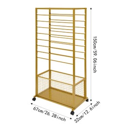 GDAE10 Gold Rolling Ribbon Holder Organizer Rack for Florists,16 Rod Steel Floral Wrapping Paper Rack,with Wheels & Storage Basket,Craft Supply Organizer