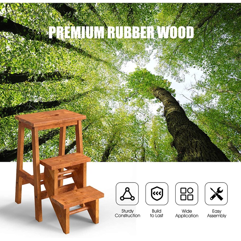 GLACER 3-Tier Folding Step Stool, Portable Wood Step Ladder for