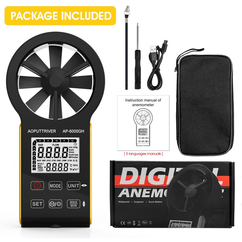 HVAC Anemometer Waterproof Rechargeable Anemometer with Touch-Screen, CFM Meter 0-999900