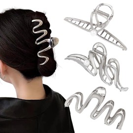 3 Pack Hair Claw Clips for Thick Long Hair, Silver Metal Wave Cross with Peal Big Jaw Clamps Hair Accessories for Women, Fashion Elegant Aesthetics Variety Hairgrip Styling Tools