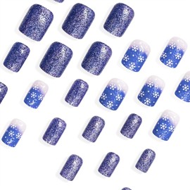 Vopintpy Winter Christmas Press on Nails Short Square Fake Nails White Snowflake Glue on Nails with Blue Glitter Design Glossy Acrylic Stick on Nails for Women DIY Xmas Manicure