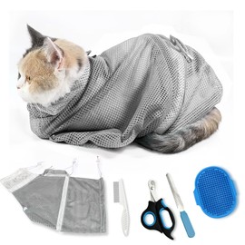 MSMUOEZ Adjustable Multifunctional Anti-Bite Shower Net, Cat Grooming Mesh Bag, Bath Brush & Nail Clipper (A-Grey)