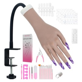 Practice Hand for Acrylic Nails, Flexible Bendable Fake Hand with Adjustable Stand, Nail Training Kit Mannequin Hand for Beginners & Nail Artists(Right Dark skin tone)
