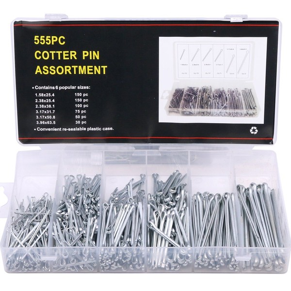 Glarks 555Pcs Heavy Duty Zinc Plated Cotter Pin Assortment Kit
