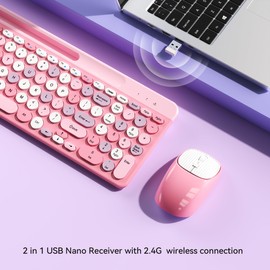 Retro Wireless Keyboard with Round Keycaps, 2.4GHz Full-Size USB Cute Wireless Keyboard Mouse for Computer, Desktop, Laptop and Computer (Pink-Colorful)