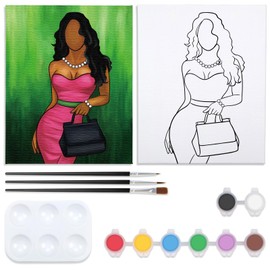 Nuberlic Sip and Paint Kit for Adults Pre Drawn Canvas Painting Kit for Adult Elegant Lady Afro Girl Theme Painting Kit DIY Girls Night Birthday Party Supplies（8x10in）