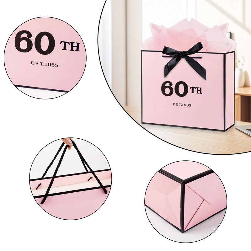 60th Birthday Gift Bag Pink with Tissue Paper