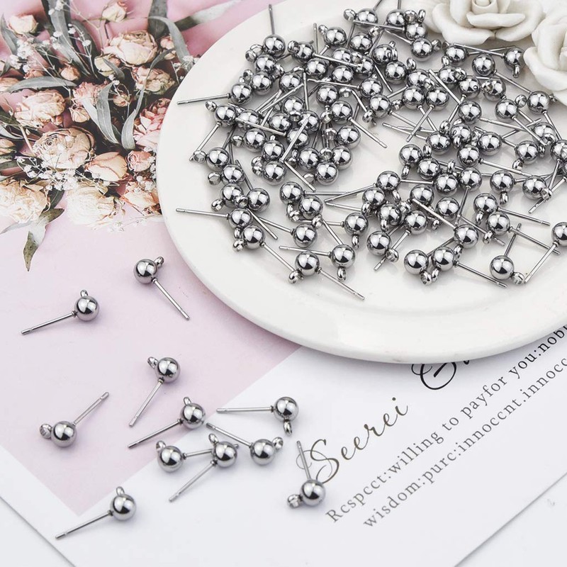 Tongcloud 100pcs Hypoallergenic Silver Ball Post Earrings Stainless Steel Stud