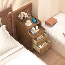 Narrow Nightstand, Solid Wood Night Stand with 2 Drawers, Walnut Mid Century Modern Nightstand, Small Beside Table with Open Storage Shelf for Bedroom(12 Inch)