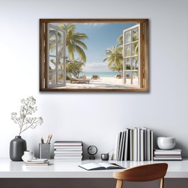 AMAZING WALL Peel and Stick Fake Window Wall Sticker-3D Realistic Window Art Mural Tropical Beach View Removable Wall Decal for Bedroom,Living Room,Office,32x48in/2PCS