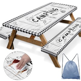 Britown Britown Picnic Table Cover with Bench Covers Elastic Edges, Farm Plaid Fitted Table Cover, Outdoor Patio Camping Essentials 72 Inch 3PCS, Waterproof Camping Fitted Tablecloth with Drawstring Bag
