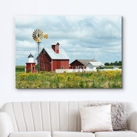 Canvas Prints Wall Art - Beautiful Scenery of Windmill, Barn, Sheds and Fence on a Cloudy Day | Modern Wall Decor/Home Art Stretched Gallery Canvas Wrap Giclee Print & Ready to Hang - 24" x 36"