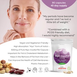 Myo-Inositol Capsules - 500mg x90 Capsules - Pure Premium Quality Myo Inositol Vitamin B8 - Female Hormone, Fertility, PCOS, Ovarian Function and Cycle Support Supplement by Just Vitamins. UK Made