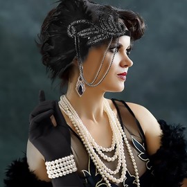 DRESHOW 1920s Great Gatsby Accessories - Women's Flapper Costume Accessories: Feather Headband, Gloves, Necklace Set