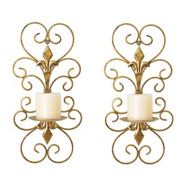 JUCONSIN Set of 2 Wall Sconces Candle Holders Metal Wall Decoration Hanging Wall Mounted Candle Sconces for Home Decor Bedroom Dining Room, Antique Gold