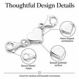 Kryoflare Sterling Silver Heart Jewelry Clasp, 925 Sterling Silver Double Lobster Clasp Closures Necklace Extender, Silver