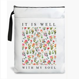 It is Well with My Soul Book Sleeve Christian Book Cover,Book Lovers Gifts Waterproof Book Cover for paperbacks with Zipper and Front Pocket Book Pouch for Women Teacher Student Gifts (White, Large)