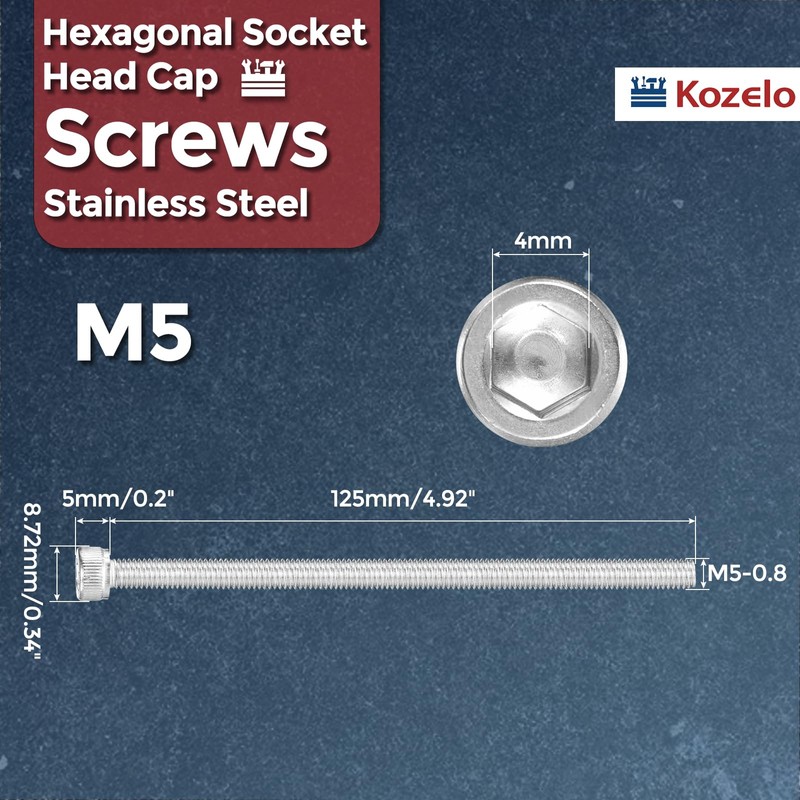 Kozelo 4pcs Socket Head Cap Screws - [M5-0.8 x 125mm]