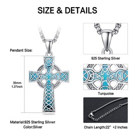 KINGWHYTE Celtic Cross Necklace 925 Sterling Silver Celtic Knot Pendant Religious Protective Gift Irish Jewelry for Men Women, Turquoise