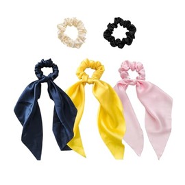 Pack of 5 Bow Hair Ties Satin Scrunchies for Women Thick Hair Silk Ponytail Scarf Holders Hair Accessories for Teens Fancy Navy,Pink,Yellow