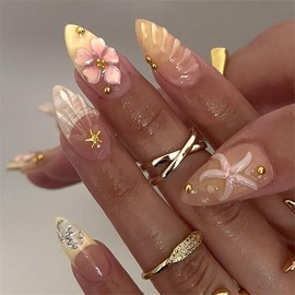 30Pcs Pink Flower Press on Nails Medium Almond French Tip Fake Nails with Gold Shell Starfish Gems Design Handmade False Nails Full Cover Artificial Glue on Nails Hawaii Stick on Nails for Women DIY