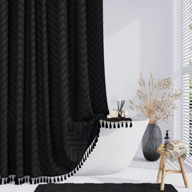 Dynamene Extra Long Shower Curtains, 96 Inches Long Boho Tufted Chevron Striped Fabric Shower Curtains for Bathroom, Tall Minimalist Waterproof Cloth Shower Curtain Set with 12 Hook, Black, 72x96