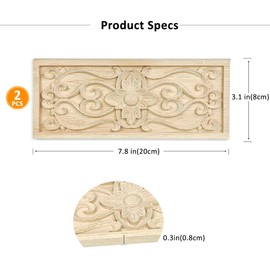 Aiminjey 2 Pcs Decorative Wood Flower Carved Appliques Onlays Decals, 3.1 x 7.8 Inch Unpainted Solid Wooden Square Carving Decal Trim for Furniture Cabinet Closet Decoration (Type1-3.1×7.8inch)