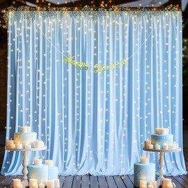 10ft x 10ft Baby Blue Backdrop Curtain for Baby Shower Parties Light Blue Wrinkle Free Backdrop Drapes Panels for Birthday Photo Gender Reveal Photography Polyester Fabric Background Decoration