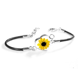 TAMI Pulsera Corazón de Girasol en Plata 925 - Joyería Fina Mexicana para Mujer - Accesorio de Piel con Cadena, Tarjeta de Leyenda y Caja