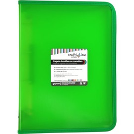 Grafoplás | Ring Binder with Zip A4+ | Green | Multiline | 4 Mixed Rings 25 mm | Vertical Ruled Polypropylene Cover | Extra Capacity for Sheets of Paper Format Folio