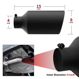 Richeer 4 to 8 inch Exhaust Tip, 4" inlet 8" Outlet 15" Overall Length Stainless Steel with Black Powder Coated Finish Universal for Vehicles with 4" O.D. Tailpipe, Rolled Edge, Bolt on
