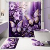 Litabel 4 Pcs Purple Red Floral Butterfly Shower Curtain Set
