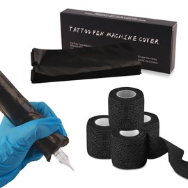Grip Tape with Tattoo Pen Pockets - TONBAO 4 Pieces Grip Tape Tattoo with 200 Pieces Black Tattoo Pen Bags Tattoo Pen Covers (6.5 x 18 cm) for Tattoo Accessories