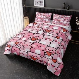 Pink Pig Comforter Set Queen，Kawaii Pink Cute Animals Bedding Set for Kids Boys Girls Teens Room Decor Kawaii Animals Comforter Set Farmhouse Wildlife Theme Bedroom Living Room Decor，All Season