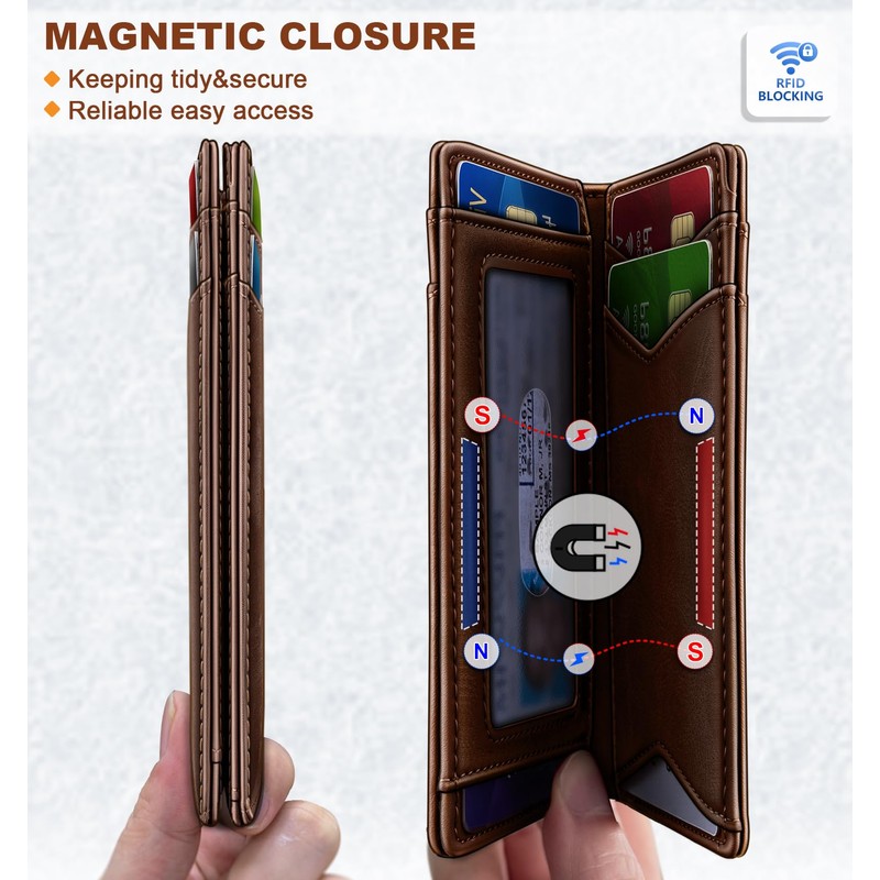 Men Wallet,Top Grain Leather Slim Wallet Magnetic Closure Simplifed Bill