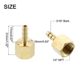 sourcing map 2 Pcs Brass Hose Barb Fitting, 3/16" Barb x 1/4" NPT Female Brass Barb Pipe Fitting Adapter for Connect Pipes Mechanical Devices Plumbing Equipment