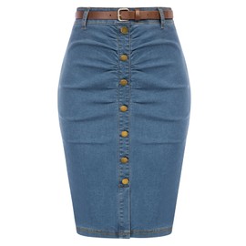 Belle Poque Denim Pencil Skirt for Women Ruched Bodycon Jeans Skirt with Belt High Waisted Pencil Skirts