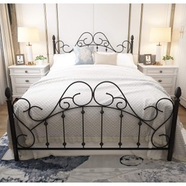 Black Queen Platform Metal Bed Frame with Headboard and Footboard,Vintage Victorian Style Mattress Foundation, No Box Spring Required, Under Bed Storage, Black,Queen.