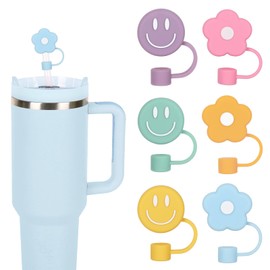 Whaline 6Pcs Flower and Smile Face Cute Straw Covers 0.4 Inch Silicone Reusable Round Straw Topper Double Sided Pattern Straw Tip Covers for 30 & 40 OZ Tumbler with Handle