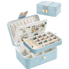Lolalet 2 Layer Jewelry Box for Teen Girls & Young Women, Jewelry Organizer Case with Bow Clasp and Mirror for Earrings Rings Necklaces Storage, Gift Idea -Blue