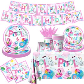 Pool Party Decorations,142pcs Pool Party Supplies Tableware Flamingo Pool Party Plates and Napkins Cups Supplies for Summer Pool Party Birthday Decorations
